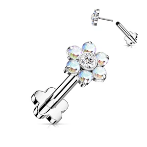 Virág Alakú Titánium Egyenesszárú Labret Piercing Színjátszós Cirkónia Kővel