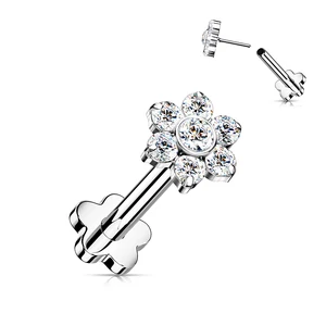 Virág Alakú Titánium Egyenesszárú Labret Piercing Fehér Cirkónia Kővel