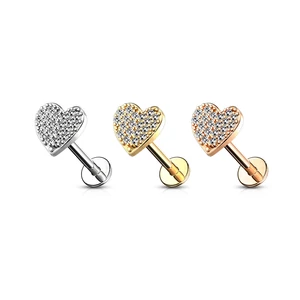 Ezüst Színű 316L Orvosi Acél Egyenesszárú Labret Piercing Kövekkel Díszített Szívvel