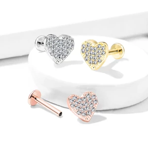 Ezüst Színű 316L Orvosi Acél Egyenesszárú Labret Piercing Kövekkel Díszített Szívvel
