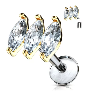 Arany Színű 316L Orvosi Acél Egyenesszárú Labret Piercing Három Kővel