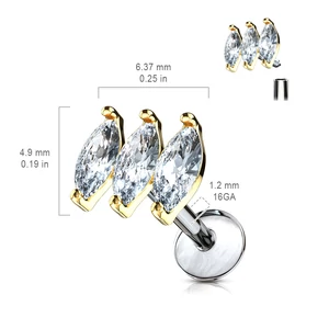 Arany Színű 316L Orvosi Acél Egyenesszárú Labret Piercing Három Kővel