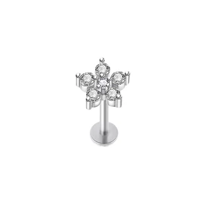 Ezüst Színű Rozsdamentes Acél Egyenesszárú Labret Piercing Kövekkel Díszített Virággal