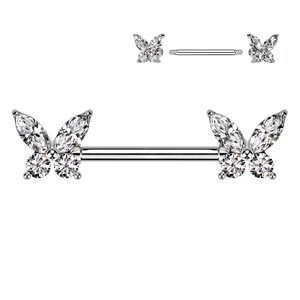 Ezüst Színű 316L Orvosi Acél Fehér Cirkónia Kővel Díszített Pillangó Mintás Mell Barbell Piercing