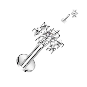 Ezüst Színű Hópehely Alakú Titánium Labret Piercing Fehér Cirkónia Kővel