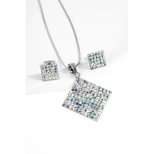 Színjátszós Swarovski Kövekkel Díszített S925 Ezüst Kocka Medálos Fülbevaló És Ékszer Szett Dobozban