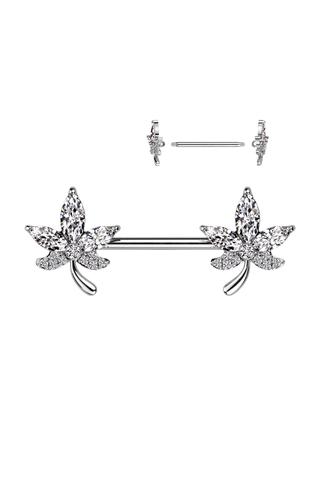 Ezüst Színű 316L Orvosi Acél Fehér Cirkónia Kővel Díszített Levél Mintás Mell Barbell Piercing