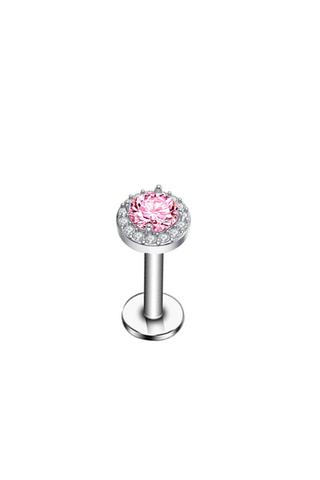 A &amp; ONE Ezüst Színű Rozsdamentes Acél Egyenesszárú Labret Piercing Rózsaszín Cirkónia Kövekkel
