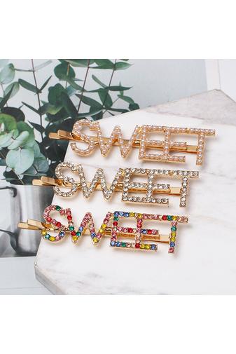 Kép 2/3 - A & ONE Arany Színű Hajcsat Színes Strasszköves Sweet Felirattal