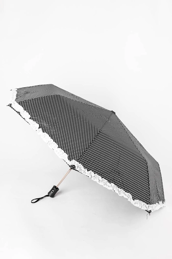 Kép 1/4 - Fekete Alapon Fehér Pöttyös És Csipkeszegélyes Automata Esernyő, 110 cm Átmérővel