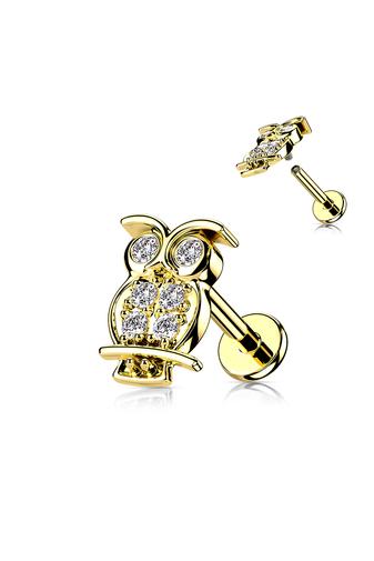 Kép 1/2 - A &amp; ONE Arany Színű 316L Orvosi Acél Köves Bagoly Alakú Egyenesszárú Labret Piercing