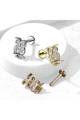 Kép 2/2 - A &amp; ONE Arany Színű 316L Orvosi Acél Köves Bagoly Alakú Egyenesszárú Labret Piercing