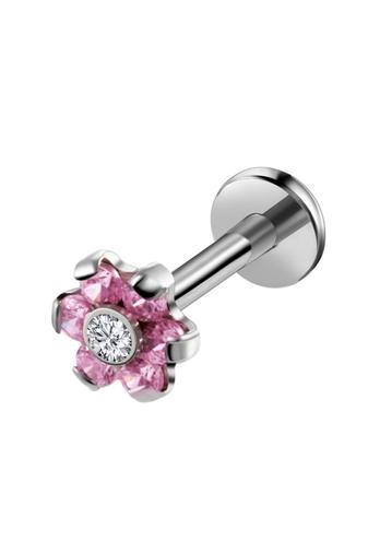 Kép 1/3 - A & ONE Ezüst Színű Orvosi Acél, Rózsaszín Virág Díszítésű Labret Piercing