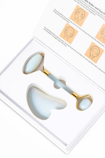 Kép 5/5 - A &amp; ONE Holdkő Arc Masszírozó Jade Roller És Gua Sha Szett Dobozban