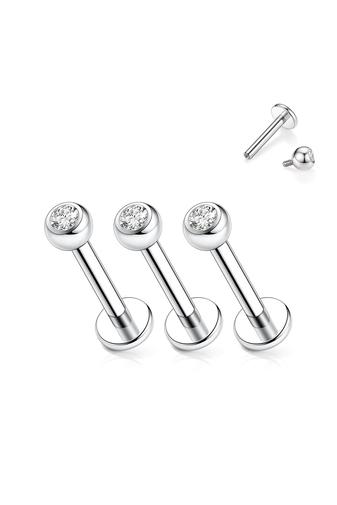 Kép 1/2 - A & ONE Ezüst Színű Titánium Egyenesszárú Labret Piercing Fehér Kővel -1db