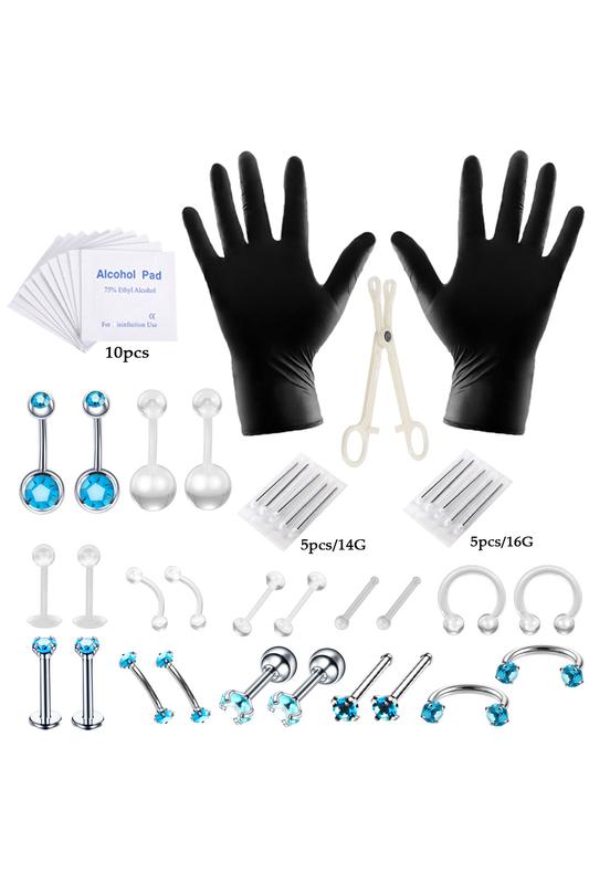 A & ONE Piercing Készítő Szett 24 Darab Ezüst Színű, Kék Köves Orvosi Acél Piercinggel