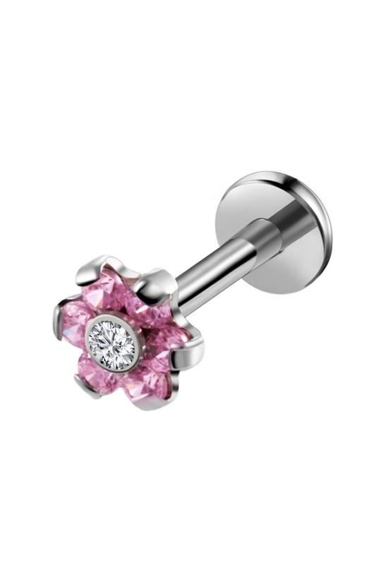 A & ONE Ezüst Színű Orvosi Acél, Rózsaszín Virág Díszítésű Labret Piercing