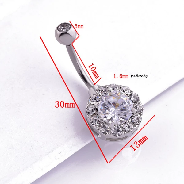 A & ONE Ezüst Színű Fehér Strasszos Orvosi Acélból Készült Köldök Piercing