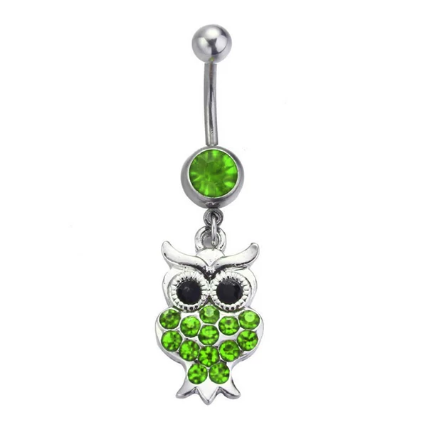 A & ONE Ezüst Színű Zöld Baglyos Orvosi Acélból Készült Köldök Piercing
