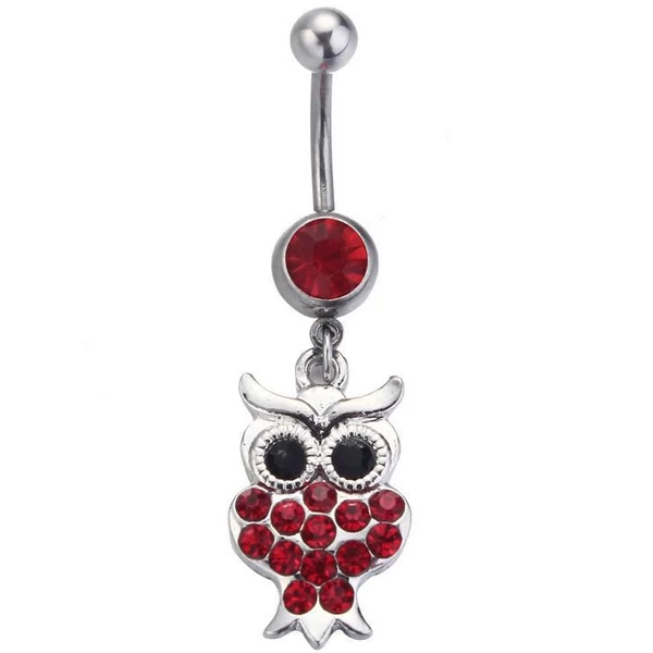 A & ONE Ezüst Színű Piros Baglyos Orvosi Acélból Készült Köldök Piercing