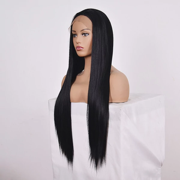 Fekete Színű Egyenes Lace Front Szintetikus Paróka