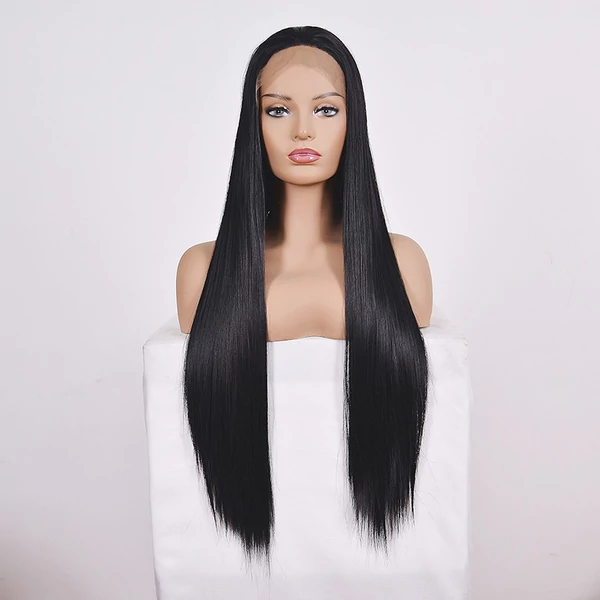 Fekete Színű Egyenes Lace Front Szintetikus Paróka