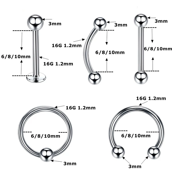 A & ONE Ezüst Színű  10 Darabos Orvosi Acélból Készült Piercing Szett 8mm