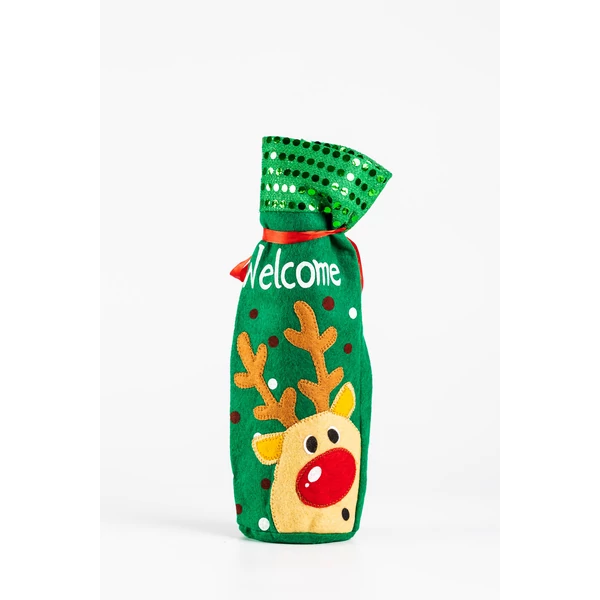 Zöld Rénszarvasos Karácsonyi Bortartó Ajándék Tasak, 8,5 cm x 30 cm