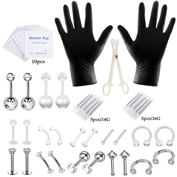A & ONE Piercing Készítő Szett 24 Darab Ezüst Színű, Fehér Köves Orvosi Acél Piercinggel