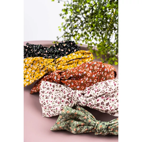 A & ONE Fekete Apró Virág Mintás Könnyű Textil Hajpánt Masnival