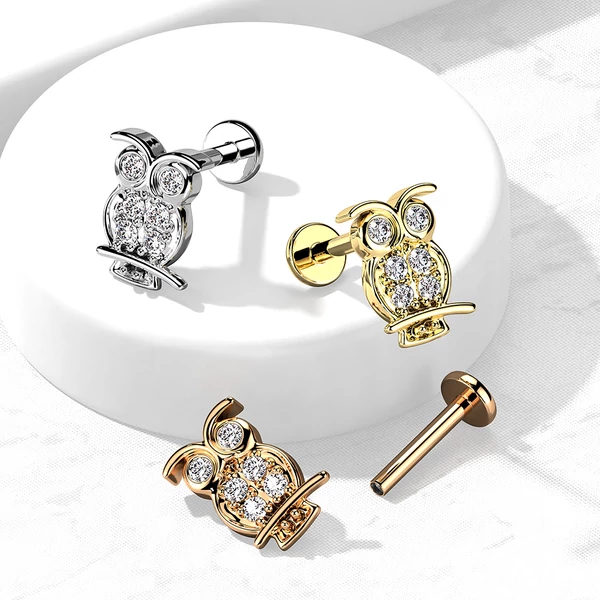 A & ONE Arany Színű 316L Orvosi Acél Köves Bagoly Alakú Egyenesszárú Labret Piercing