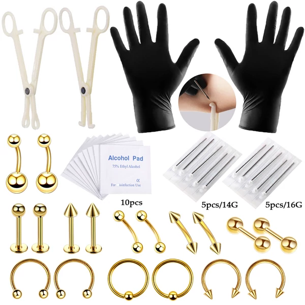 A & ONE Piercing Készítő Szett 18 Darab Arany Színű Rozsdamentes Acél Piercinggel