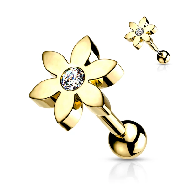 A & ONE Arany Színű Orvosi Acél Barbell Piercing Virág Díszítéssel, Cirkónia Kővel a Közepén