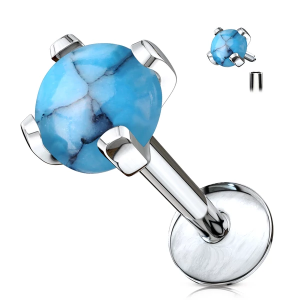 A & ONE Ezüst Színű 316L Orvosi Acél Egyenesszárú Labret Piercing Türkizkék Kővel