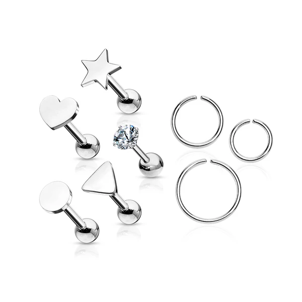 A & ONE 8 Darabos Ezüst Színű Ovosi Acél Fül Piercing Szett