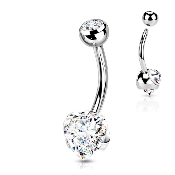 A & ONE 316L Ezüst Színű Orvosi Acél Köldök Piercing, Szív Alakú Kővel Díszítve