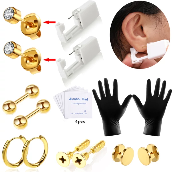 A & ONE Piercing Készítő Szett 4 Pár Arany Színű 316L Rozsdamentes Acél Piercinggel