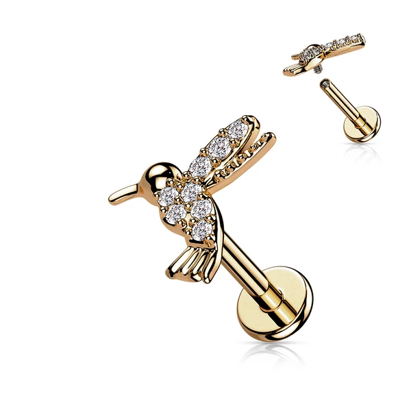 A & ONE Arany Színű 316L Orvosi Acél Egyenesszárú Labret Piercing Kolibrivel Díszítve