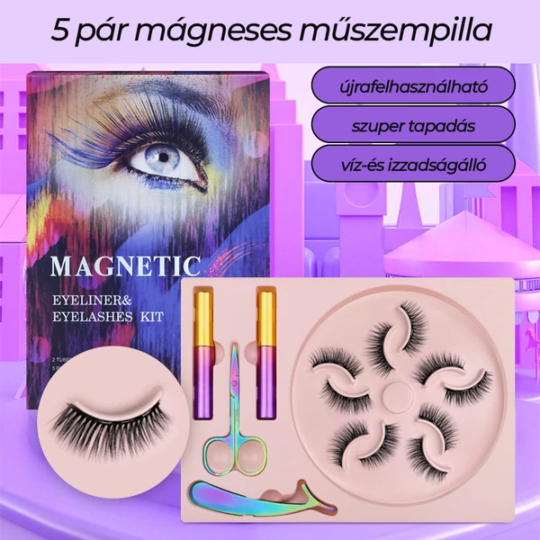 A & ONE  Mágneses Műszempilla Szett 5 Pár Szempillával, Csipesszel, Ollóval és 2 db Ragasztóval