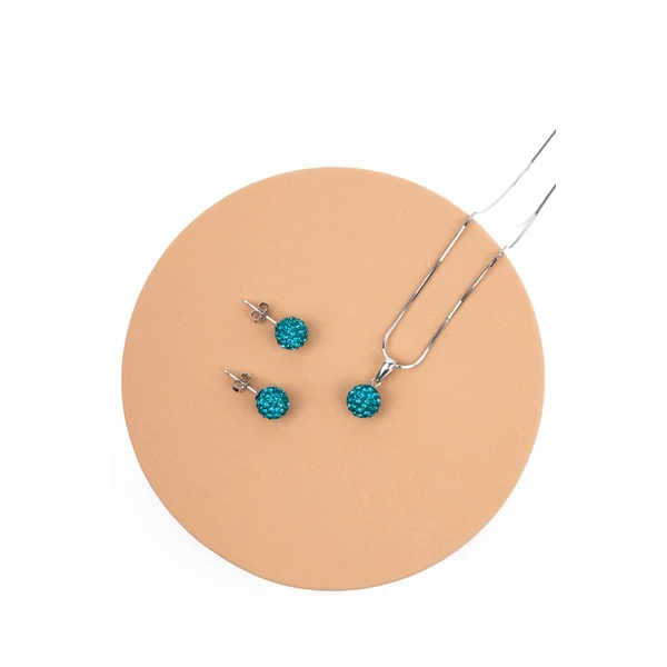 A & ONE S925 Ezüst Gömb Fülbevaló És Nyaklánc Szett Türkizkék Swarovski® Kövekkel
