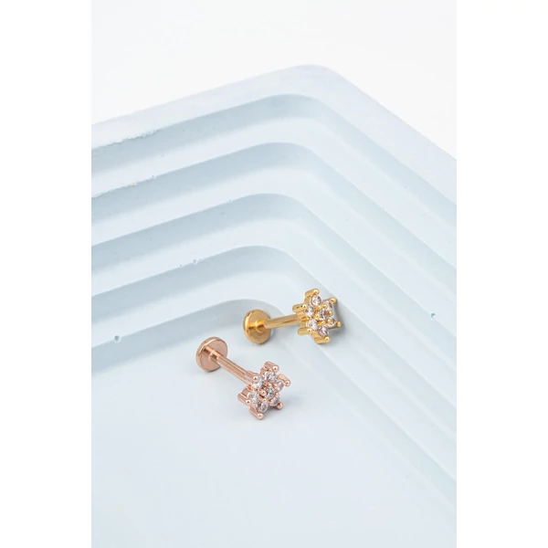 Csillogó Virággal Díszített Arany Színű  316L Orvosi Acél Egyenesszárú Labret Piercing