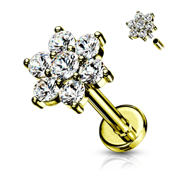 Csillogó Virággal Díszített Arany Színű  316L Orvosi Acél Egyenesszárú Labret Piercing