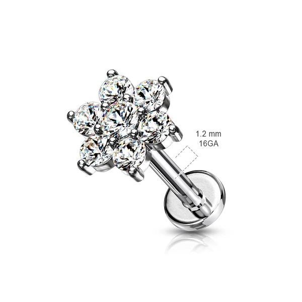 Csillogó Virággal Díszített Arany Színű  316L Orvosi Acél Egyenesszárú Labret Piercing