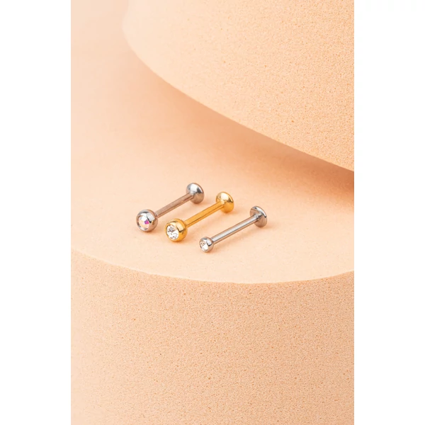 A & ONE Arany Színű 316L Orvosi Acél Egyenesszárú Labret Piercing Fehér Kővel