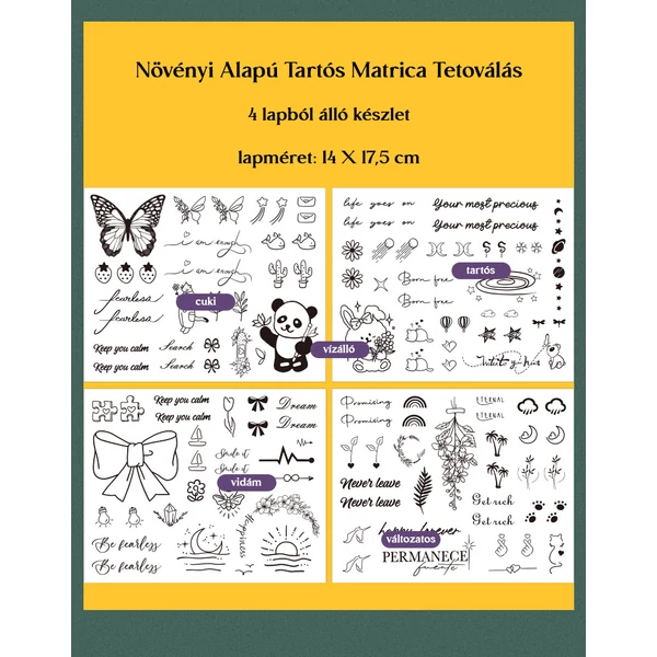 Négy Lapból Álló Növényi Alapú Tartós Matrica Tetoválás Készlet Kis Mintákkal 