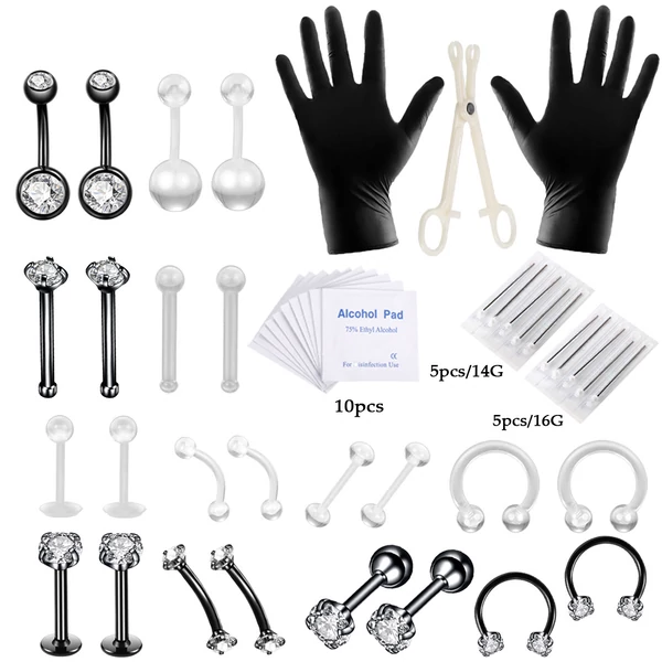 A & ONE Piercing Készítő Szett 316L Fekete Színű Fehér Köves Rozsdamentes Acél Piercinggel