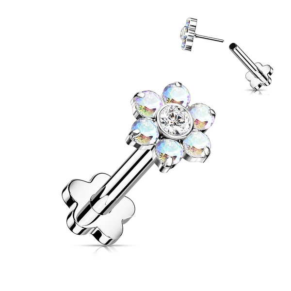 Virág Alakú Titánium Egyenesszárú Labret Piercing Színjátszós Cirkónia Kővel