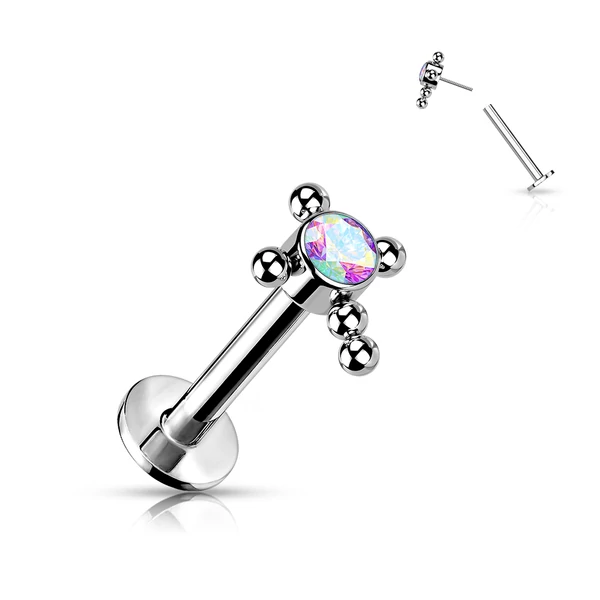 Ezüst Színű Kereszt Alakú Színjátszós Cirkónia Köves Titánium Egyenesszárú Labret Piercing