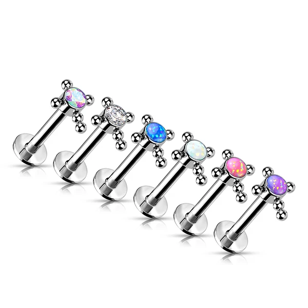 Ezüst Színű Kereszt Alakú Opál Köves Titánium Egyenesszárú Labret Piercing