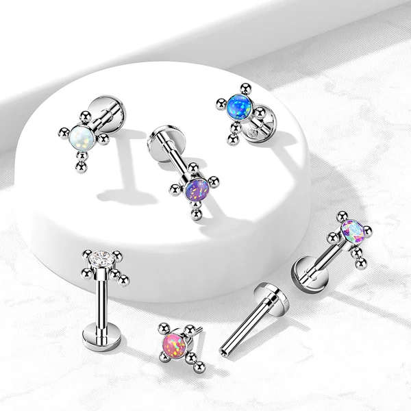 Ezüst Színű Kereszt Alakú Opál Köves Titánium Egyenesszárú Labret Piercing